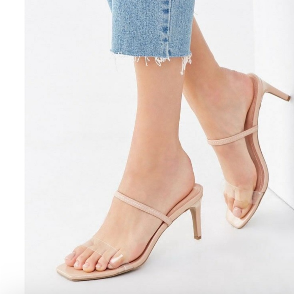 Square toe clear strap nude sandal heels